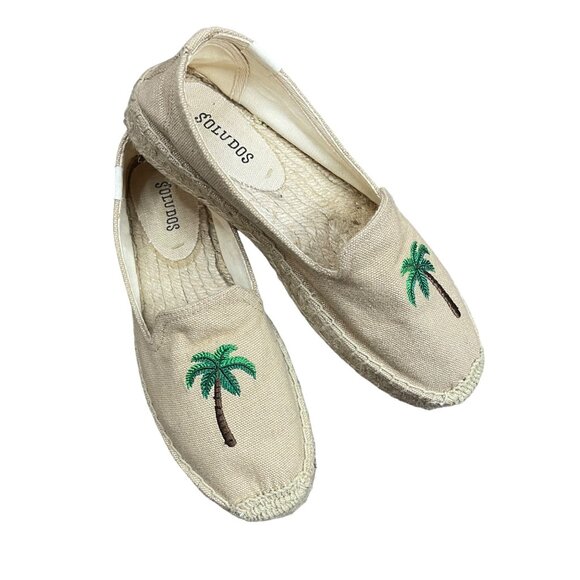 Soludos‎ Palm Tree Embroidered Espadrilles Womens Size 7 Round Toe Beige Linen - Picture 1 of 9